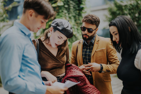 Business team strategizing and analyzing project outdoorsの写真素材