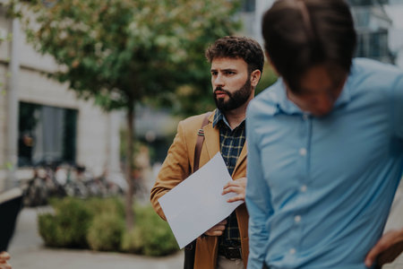Business professionals discussing strategy outdoors with focus on teamworkの写真素材