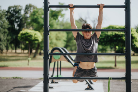 Man performing calisthenics workout in outdoor park on a sunny day