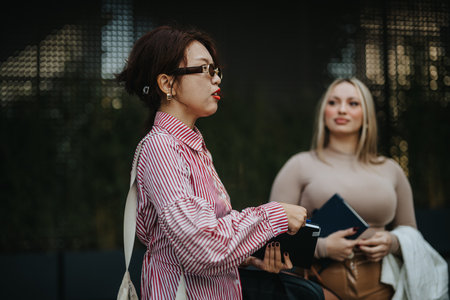Two businesswomen having a conversation in an urban setting outdoorsの写真素材