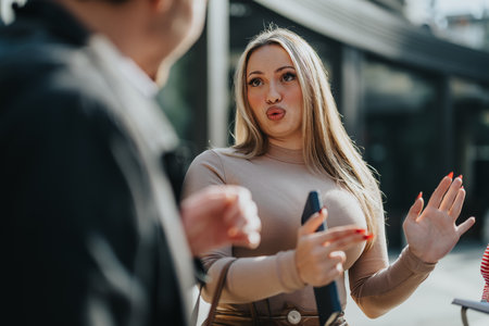 Woman expressing emotion during outdoor conversationの写真素材