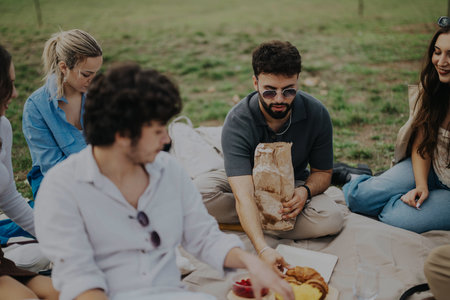 Friends enjoying a relaxing day off with a picnic in natureの写真素材