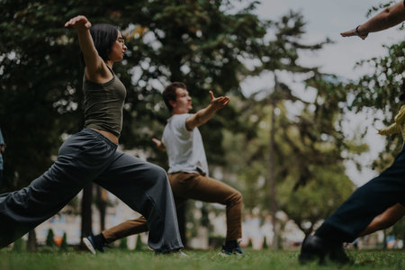 Students practicing yoga in a tranquil outdoor setting with instructor
