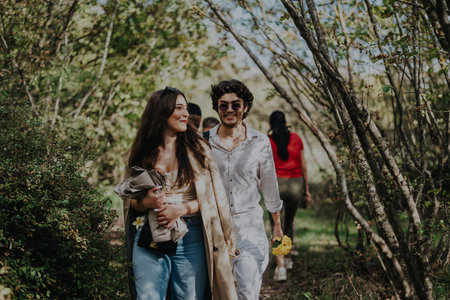 Friends enjoying a relaxing walk in the forest together