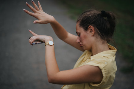 Young girl having fun and dancing alone in the park enjoying her timeの写真素材