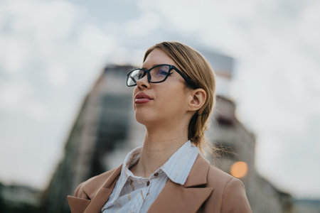 Confident businesswoman outdoors in urban environment wearing glassesの写真素材