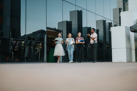 Multicultural business professionals discussing work outside modern city buildingの写真素材