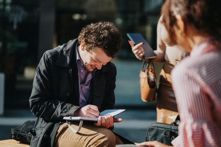 A group of young professionals collaborating outdoorsの写真素材