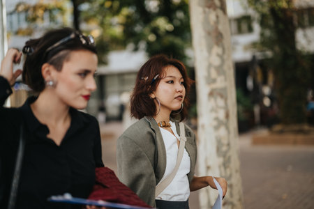 Professional women engaged in lively discussion outdoors