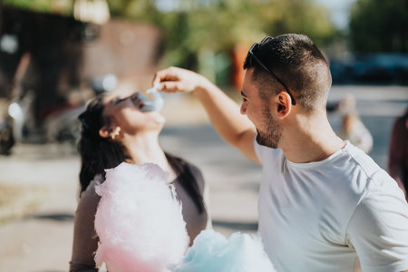 Couple enjoying cotton candy on a sunny day outdoors