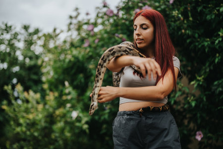 Young girl with red hair holding a snake outdoorsの写真素材