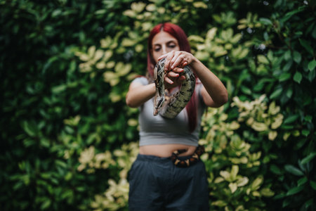 Girl confidently holding a snake in garden setting with focusの写真素材