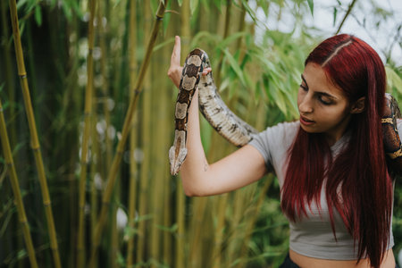 Girl with red hair handling a boa in a bamboo forestの写真素材