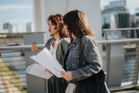 Multicultural business people discussing sales strategies outdoors