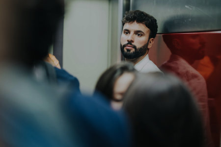 Man in crowded elevator looking contemplative amidst the crowdの写真素材