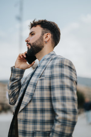 Young professional man speaking on phone outdoors in city settingの写真素材