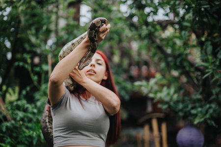 Girl confidently handling a large snake in a lush gardenの写真素材