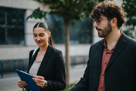 Business people discussing ideas in a modern urban environmentの写真素材