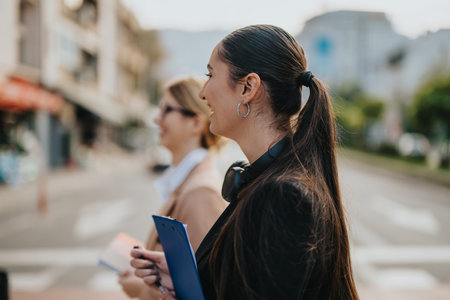 Two business women discussing projects during an outdoor city walkの写真素材