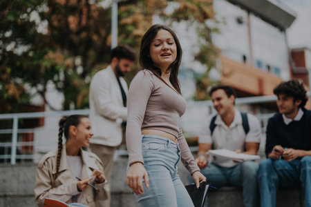 Group of college students collaborating with professor outdoorsの写真素材