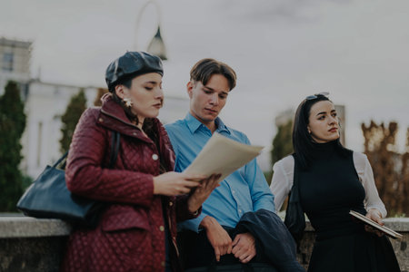 Group of business people discussing plans in urban setting