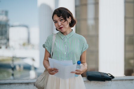 Confident businesswoman holding documents and bottle in outdoor city meetingの写真素材