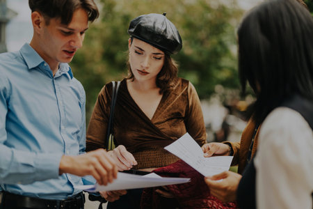 Group of business people analyzing project outdoors