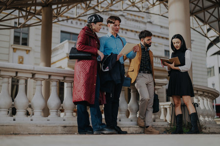 Group of young people collaborating in an urban city settingの写真素材