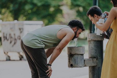 Group of friends quenching their thirst at a park water fountain on a sunny day, sharing a moment of refreshment and leisure while enjoying each others company in a natural outdoor setting.の写真素材