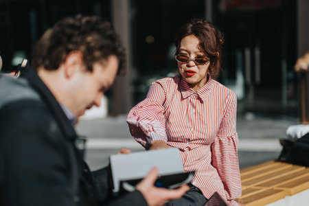Casual outdoor conversation between two people on a sunny dayの写真素材