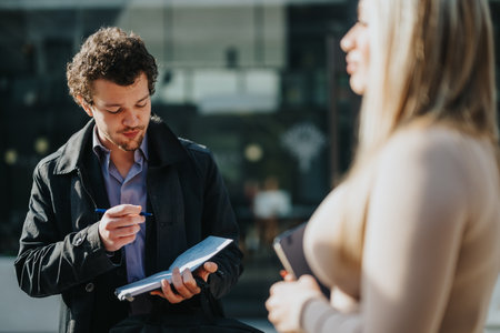 Young professionals discussing work details in outdoor setting