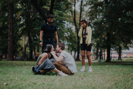 Students enjoying an interactive outdoor sports class in the parkの写真素材