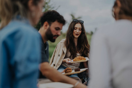 Friends gathering for a picnic outdoors on a cloudy dayの写真素材