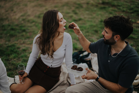 Friends enjoying a relaxed picnic in nature under cloudy skiesの写真素材