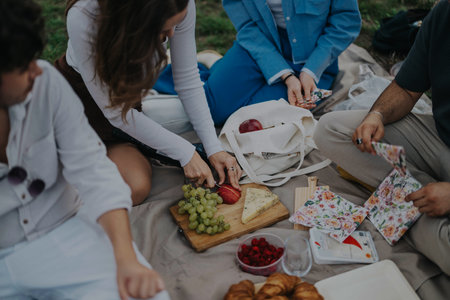 Friends enjoying a relaxing picnic outdoors with fresh fruits and cheeseの写真素材