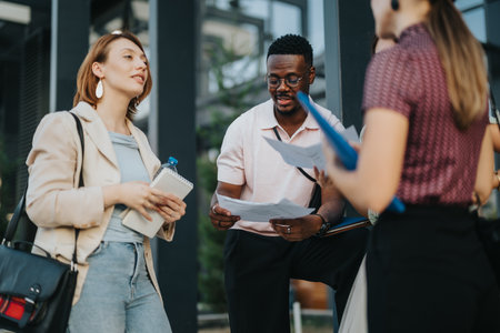 Diverse group having an outdoor business meeting discussionの写真素材