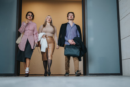 Confident business people walking through office hallwayの写真素材