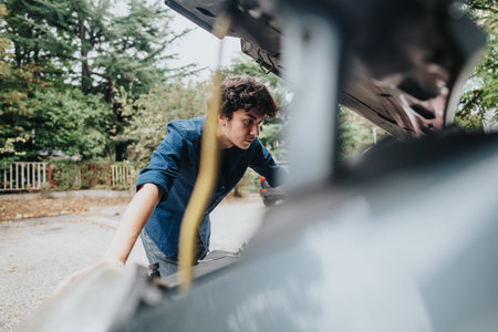 Young man inspecting car engine in outdoor settingの写真素材