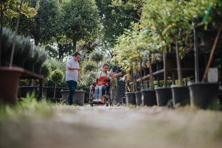 Inclusive gardening with friends at a scenic plant nurseryの写真素材