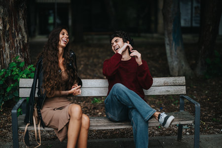 Joyful friends laughing together on a park bench outdoorsの写真素材