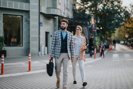 Professionally dressed business colleagues walking together in urban settingの写真素材