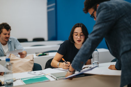Professor assists students during classroom task in academic settingの写真素材