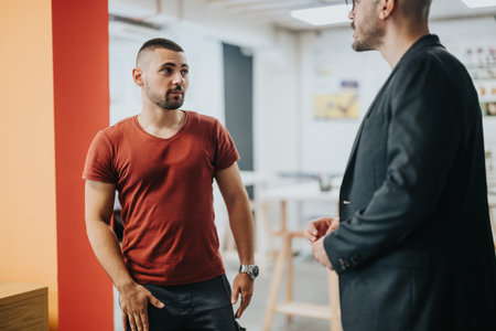 High school student consulting between classes in bright classroomの写真素材