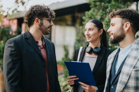 Group of business people having a discussion outdoors