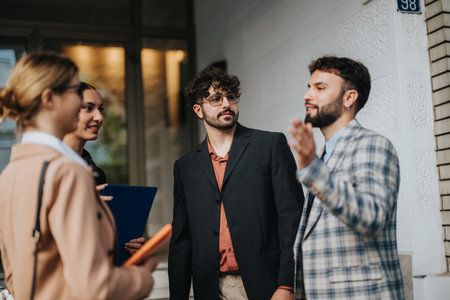 Business people discussing strategy during an outdoor meeting in the cityの写真素材