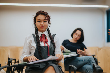 Students engaging with professor in classroom setting for discussionの写真素材