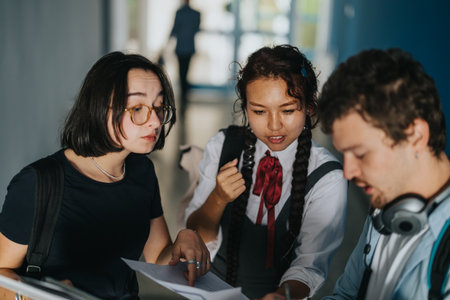Students collaborating in their school hallway during a breakの写真素材