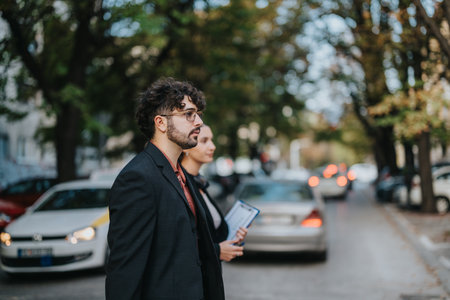 Business people engage in outdoor meeting on city street