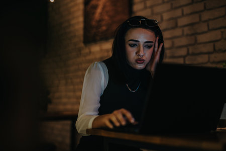 Business person working late in a cozy cafe with a laptopの写真素材