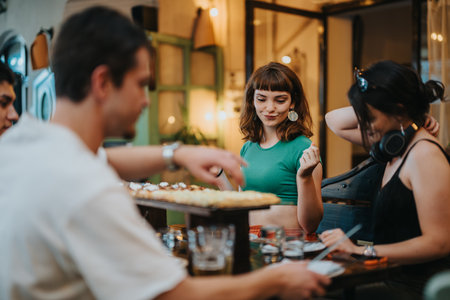 Friends enjoying casual dining in a lively restaurant setting